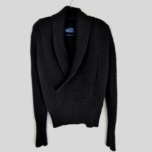 Chunky Knit Wrap Sweater Shawl Neck Womens XL Black Cotton Blend American Eagle